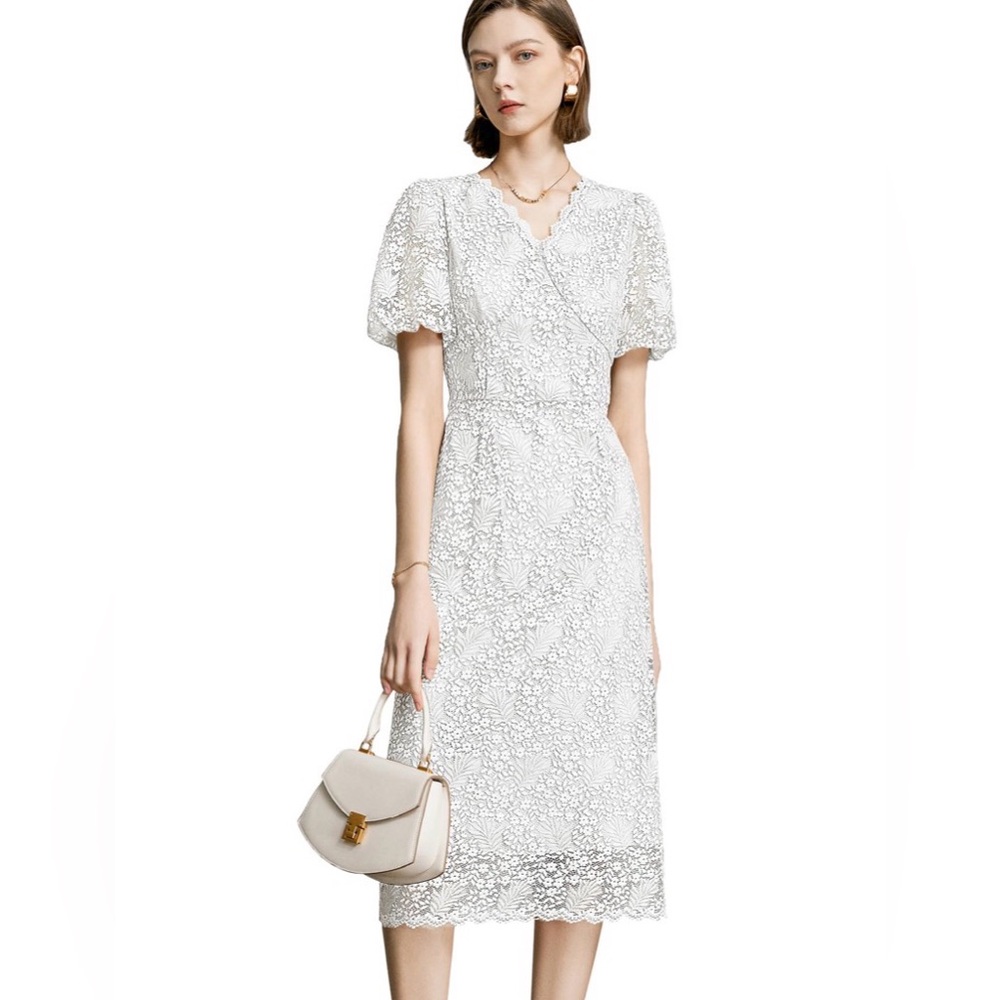 NWT CyperRiver Lace Floral V-Neck Dress Short Sleeves White Womens XL | U341